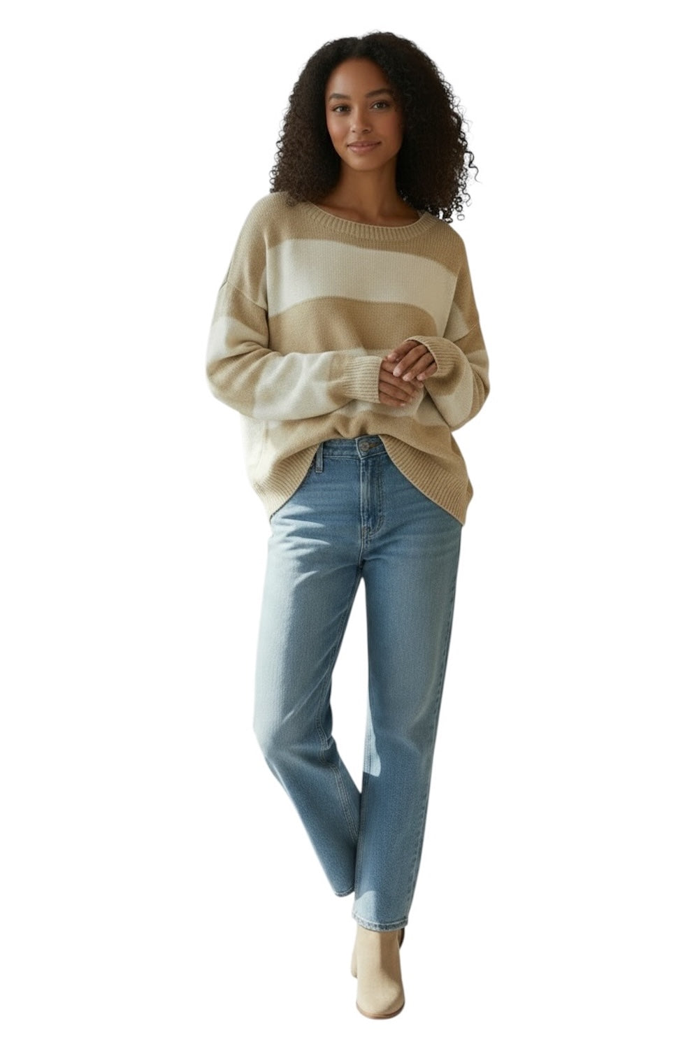 Susy Mix cremefarbener, kamelfarbener, gestreifter Pullover