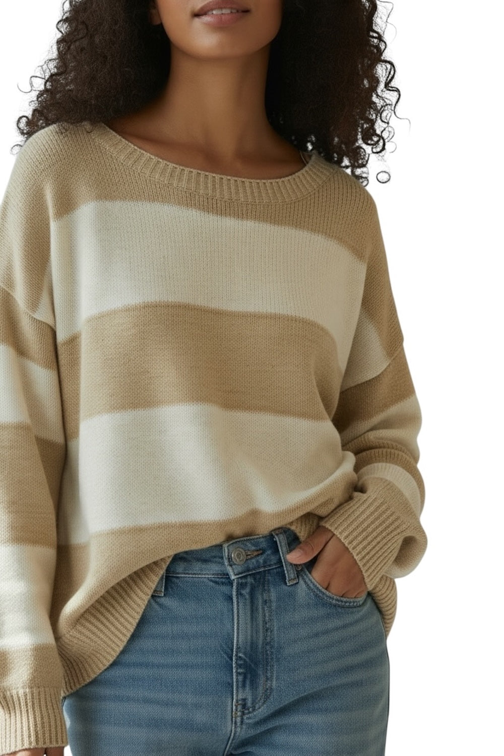 Susy Mix cremefarbener, kamelfarbener, gestreifter Pullover
