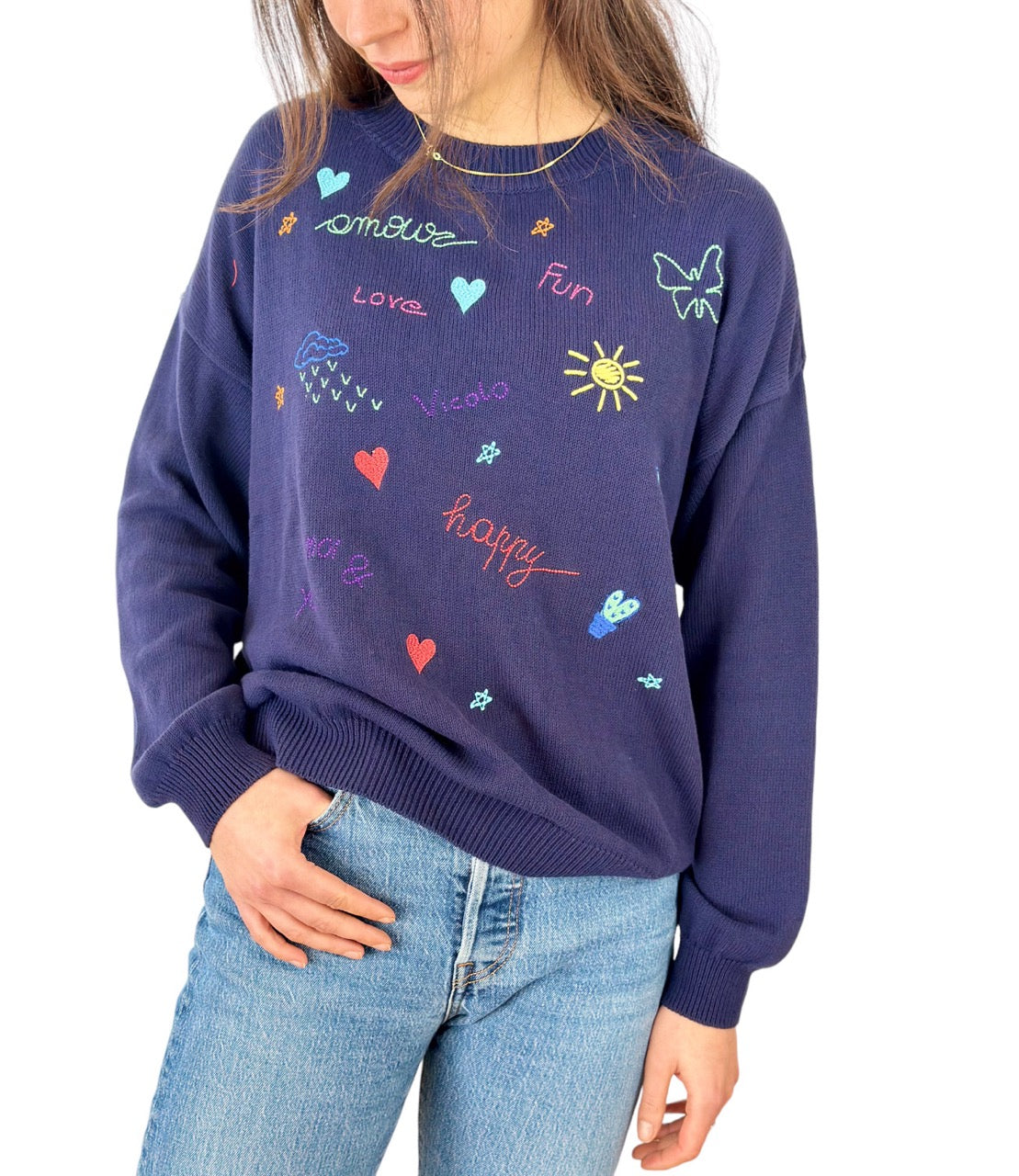 Vicolo blue embroidered stamps cotton pullover