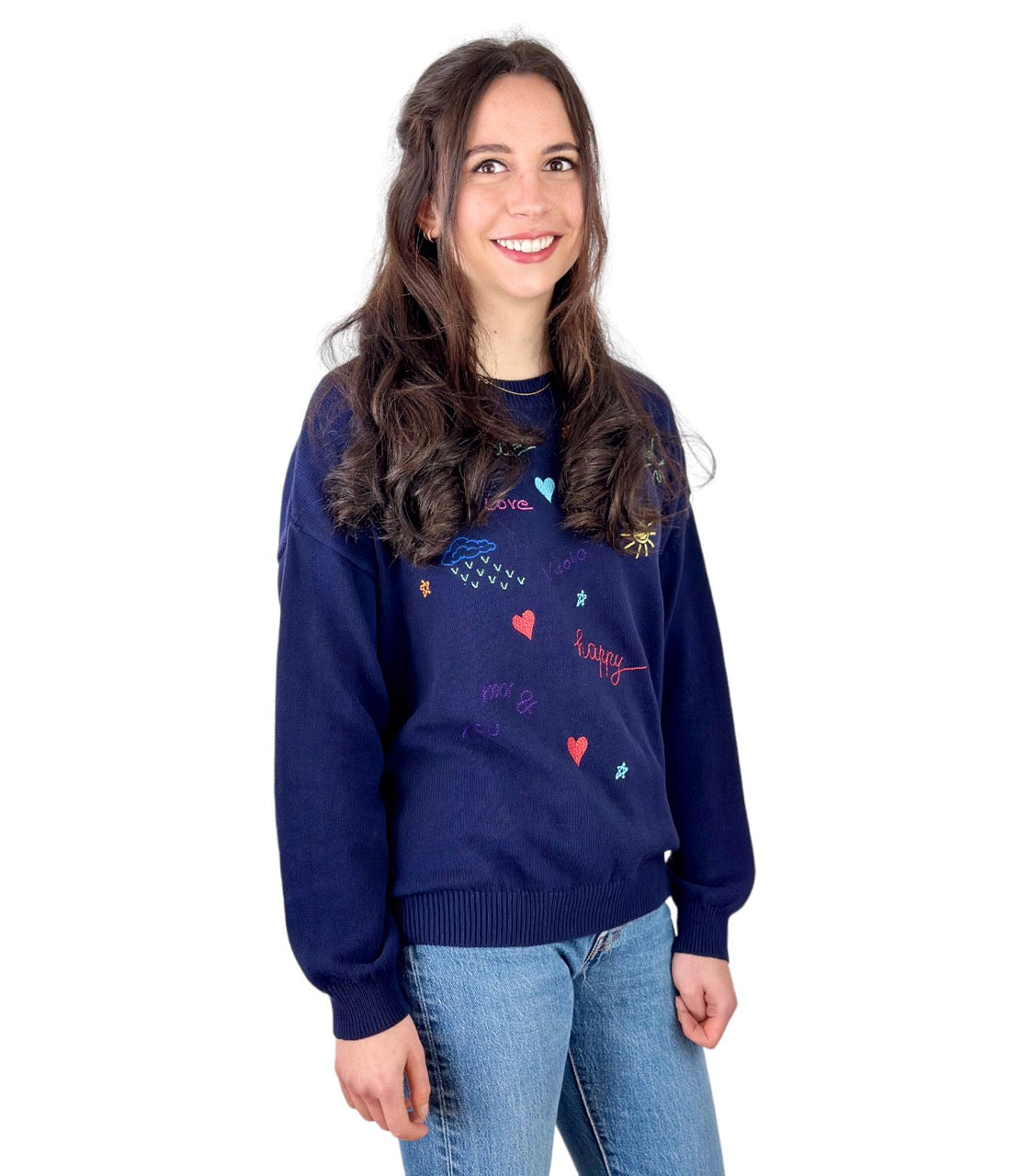 Vicolo blue embroidered stamps cotton pullover