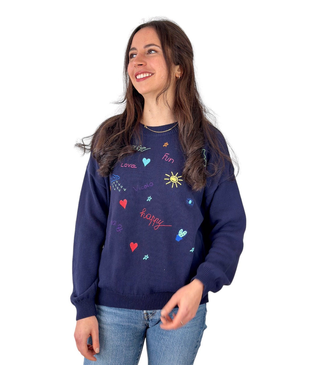 Vicolo blue embroidered stamps cotton pullover