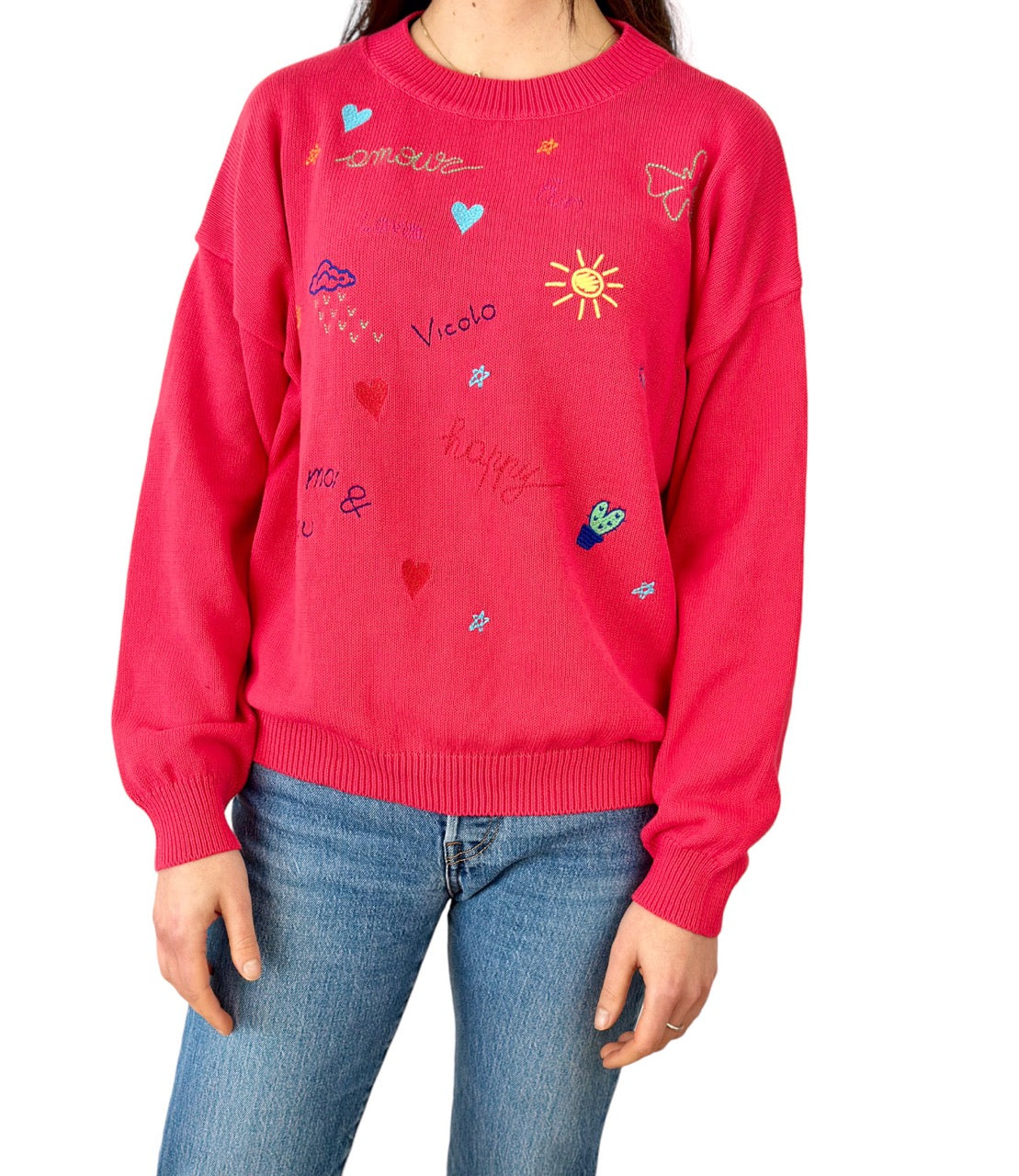 Vicolo raspberry embroidered stamps cotton pullover