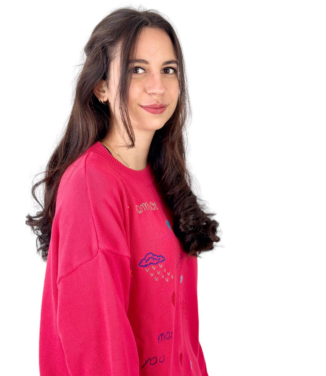 Vicolo raspberry embroidered stamps cotton pullover