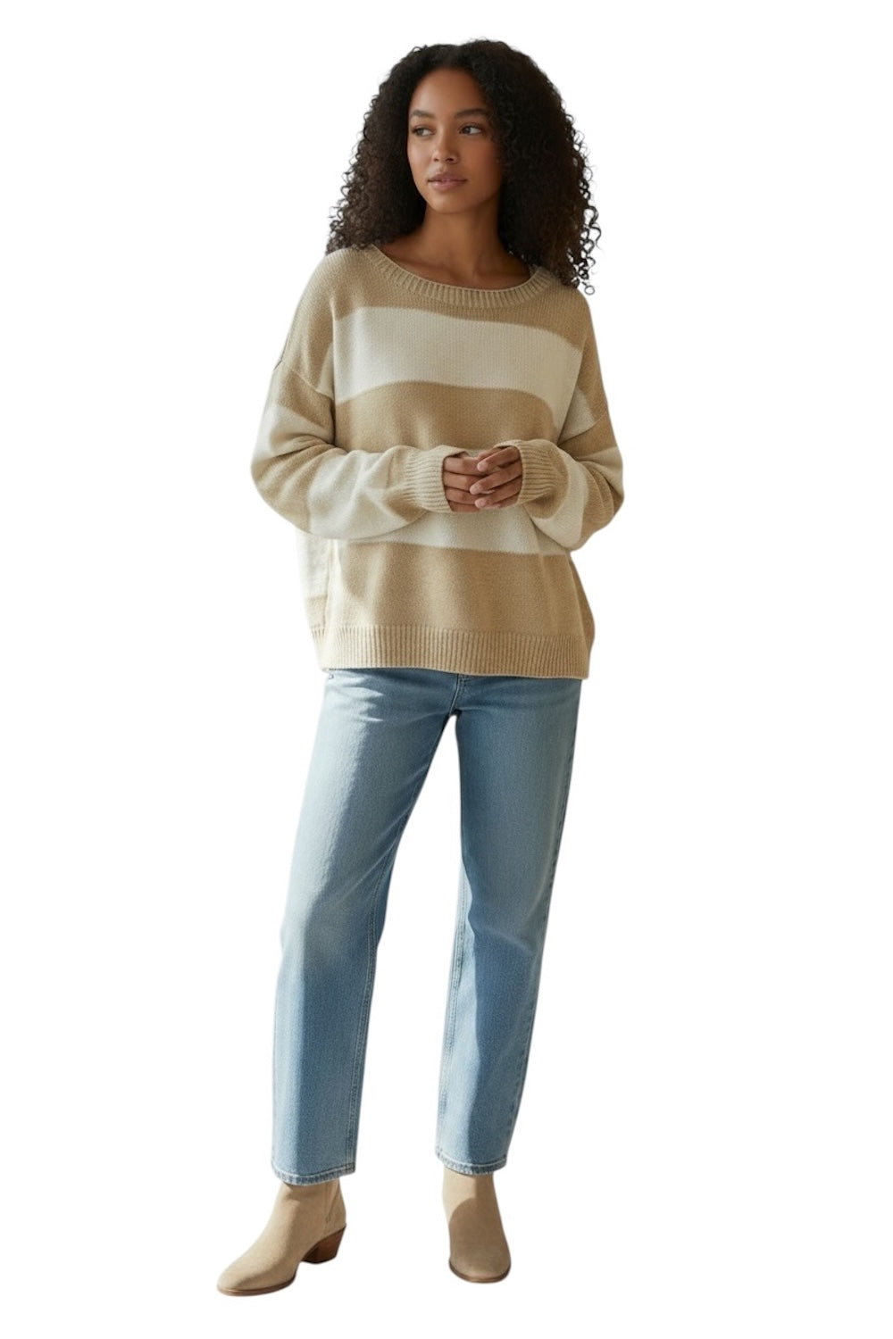 Susy Mix cremefarbener, kamelfarbener, gestreifter Pullover
