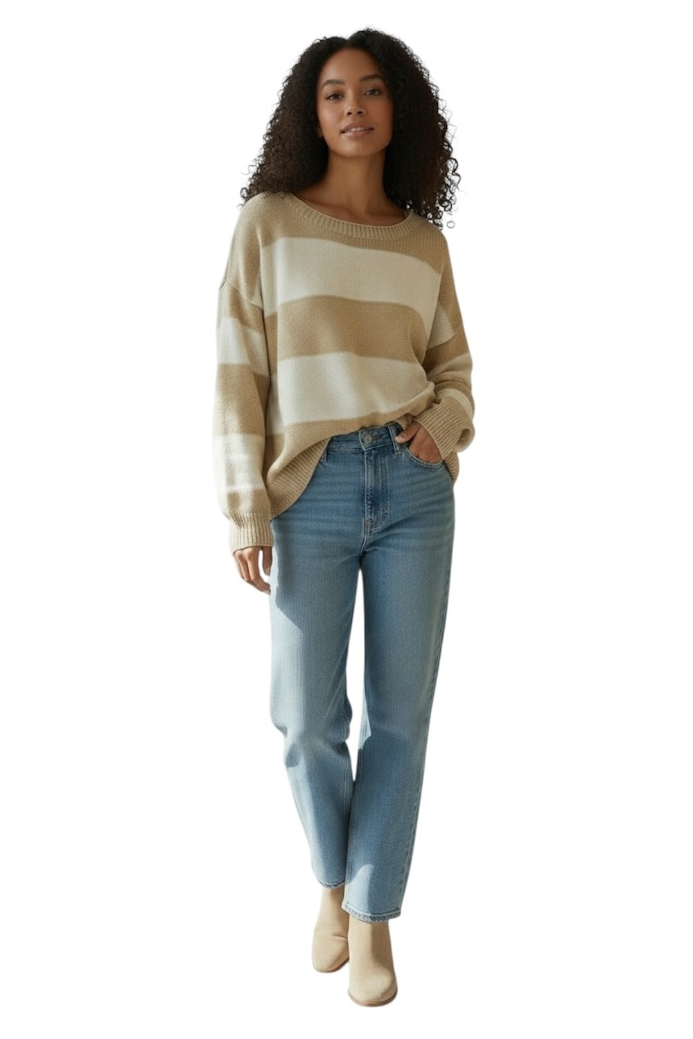 Susy Mix cremefarbener, kamelfarbener, gestreifter Pullover