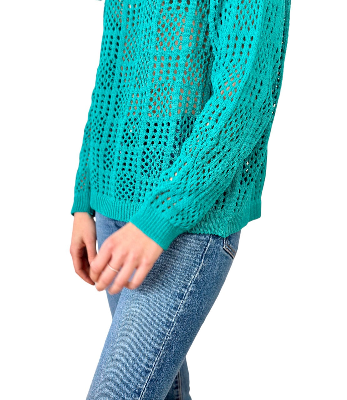 Please emerald perforated knit pullover